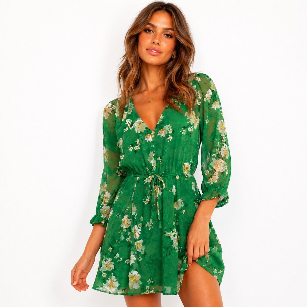 The General Good Green Floral Burnout Mini Dress V-Neck Ruffle Sleeve Petite S
